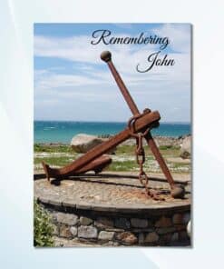 Funeral memorial card featuring antique anchor symbol with ocean backdrop