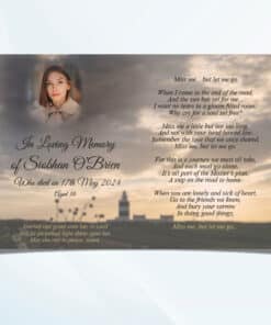 Inside of personalised memorial card with lighthouse cover design and custom text