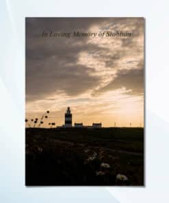Memorial card featuring Hook Head Lighthouse overlooking the sea in County Wexford.
