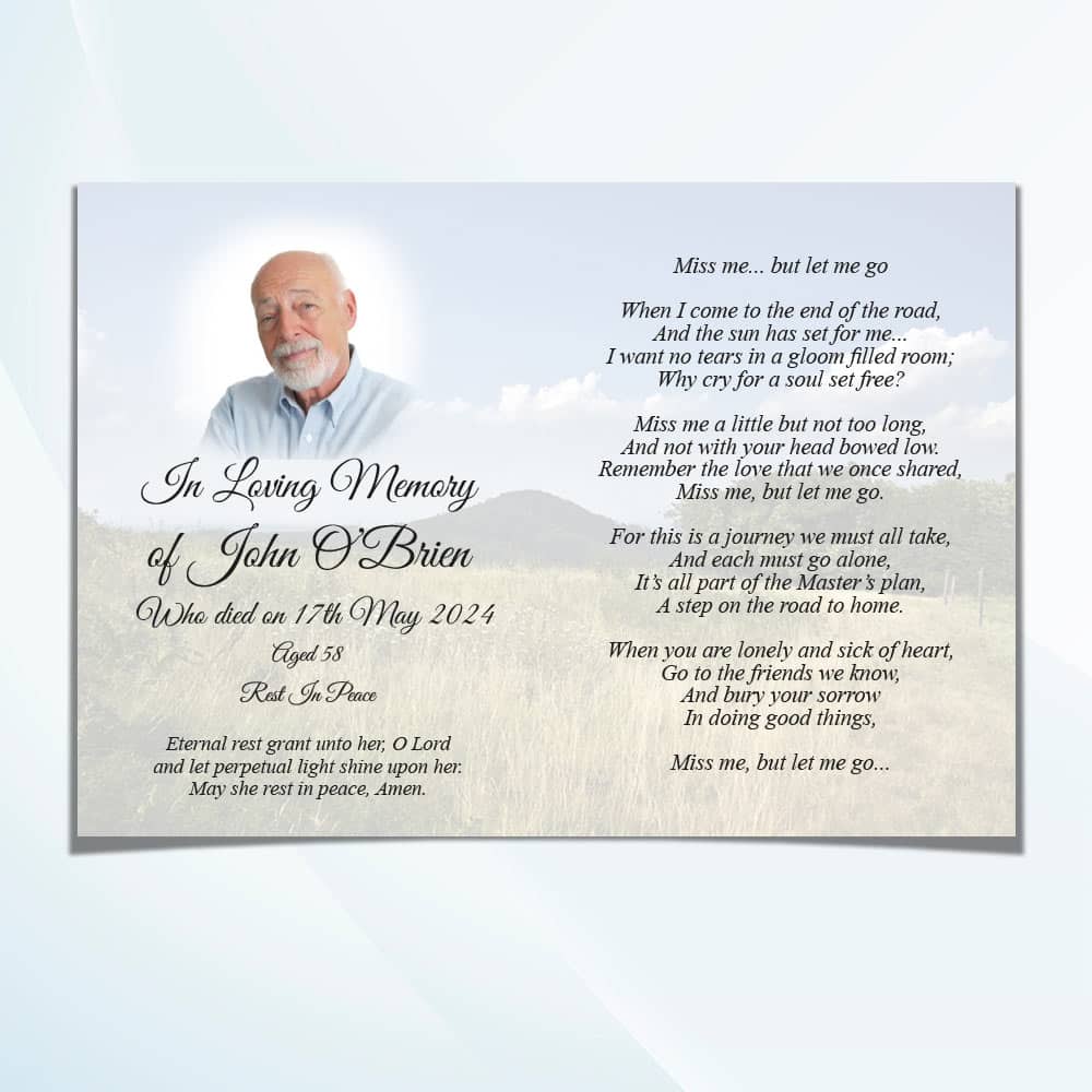 Inside view of folded Powerscourt Waterfall memorial card with personalised poem and details