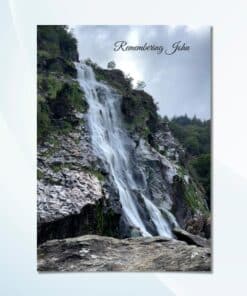 Personalised memorial card featuring Powerscourt Waterfall scenic cover photo