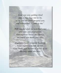 Unfolded memorial card showing full Powerscourt Waterfall back cover design