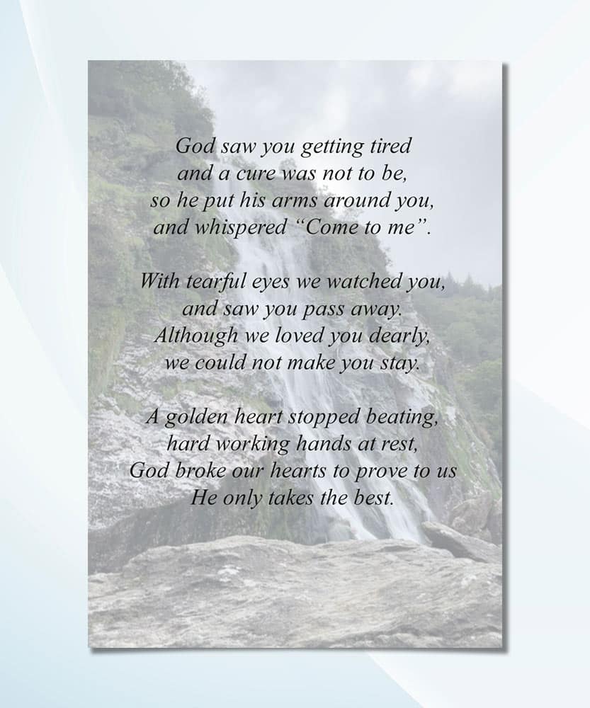 Unfolded memorial card showing full Powerscourt Waterfall back cover design