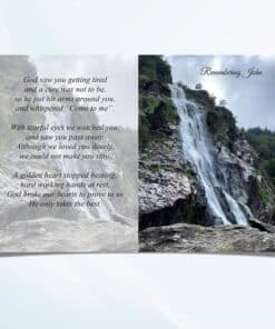 Unfolded memorial card showing full Powerscourt Waterfall front and back cover design