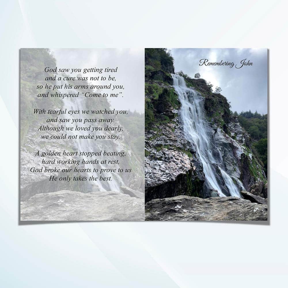 Unfolded memorial card showing full Powerscourt Waterfall front and back cover design