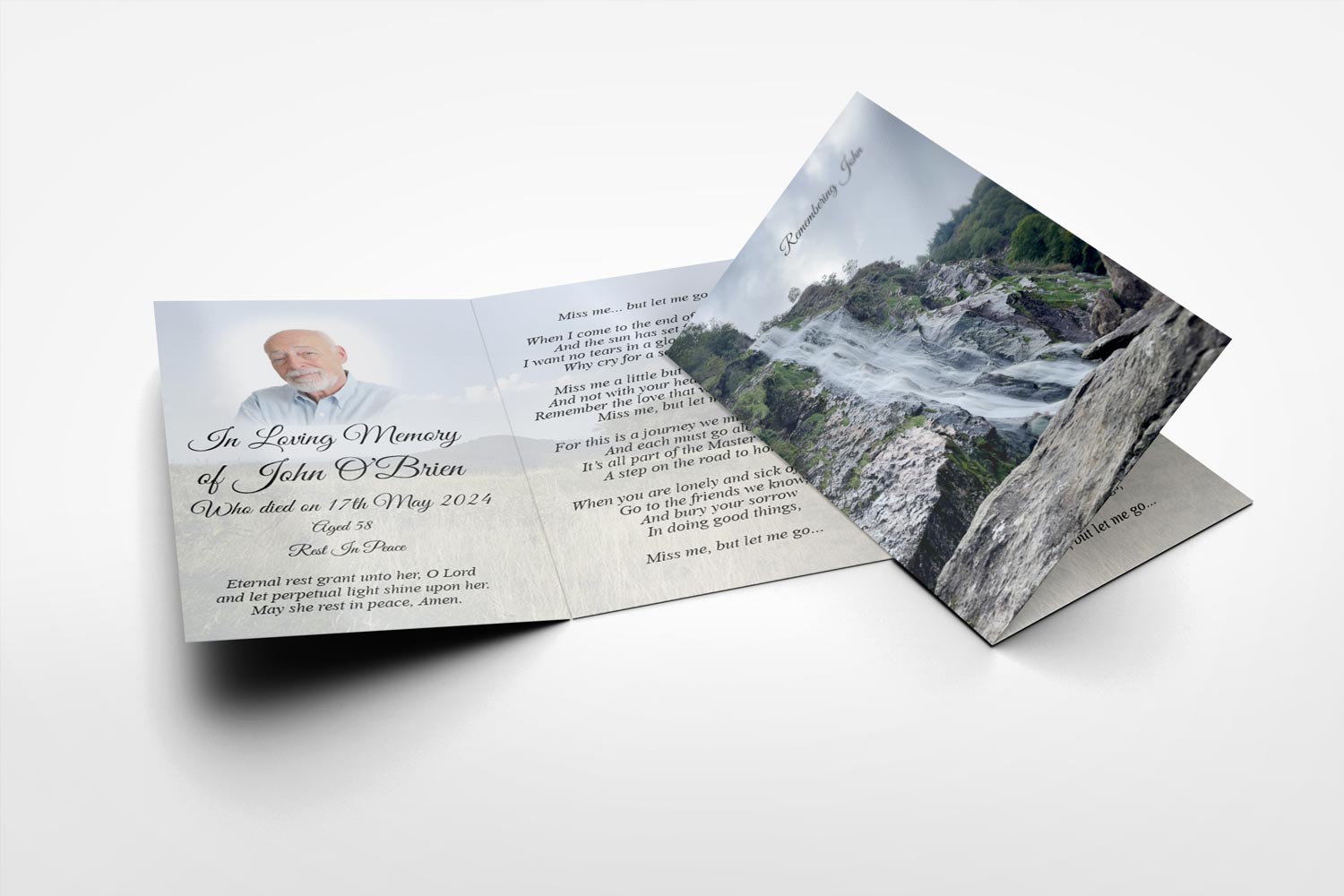 Unfolded memorial card showing full Powerscourt Waterfall
