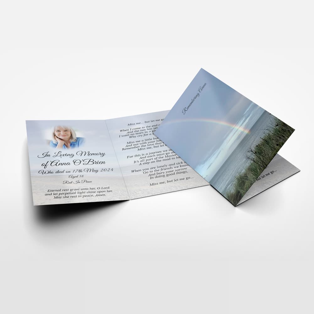 Inside view of folded rainbow ocean memorial card with personalised poem and details