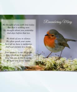 Personalised robin memorial card unfolded displaying full front and back cover design