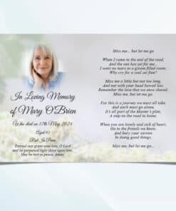 Inside view of folded robin funeral memorial card with poem and personalised details