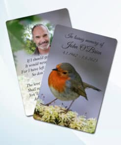 Robin wallet memorial card printed on 350gsm glossy laminated paper