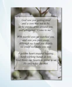 Folded white flowers memorial card printed on 350gsm glossy laminated paper with envelope included