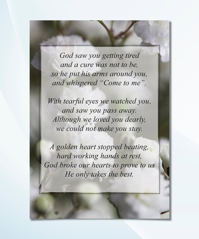 Folded white flowers memorial card printed on 350gsm glossy laminated paper with envelope included