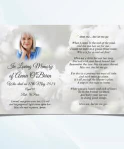 Inside view of folded white flowers funeral memorial card with personalised details