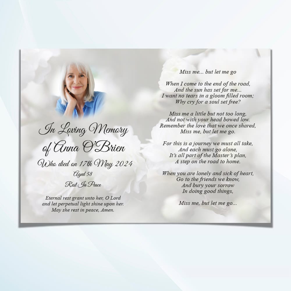 Inside view of folded white flowers funeral memorial card with personalised details
