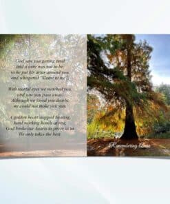 Unfolded autumn tree memorial card showing full front and back cover design