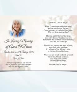 Inside view of folded autumn tree funeral memorial card with personalised details