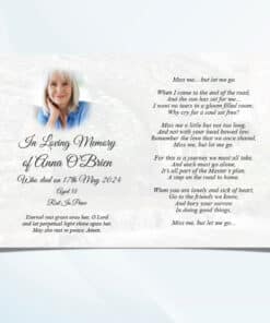 Inside view of folded bridge and river funeral memorial card with personalised details