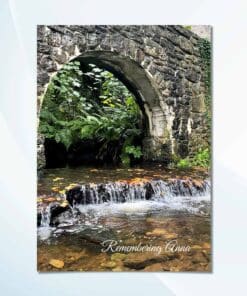 Personalised bridge memorial card with little bridge over river cover design