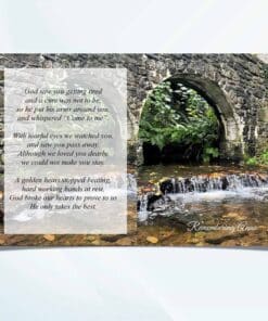 Unfolded bridge memorial card showing full front and back river landscape design